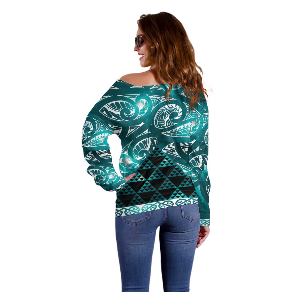 Matariki New Zealand Off Shoulder Sweater NZ Niho Taniwha Maori New Year Cyan Galaxy LT14 - Polynesian Pride