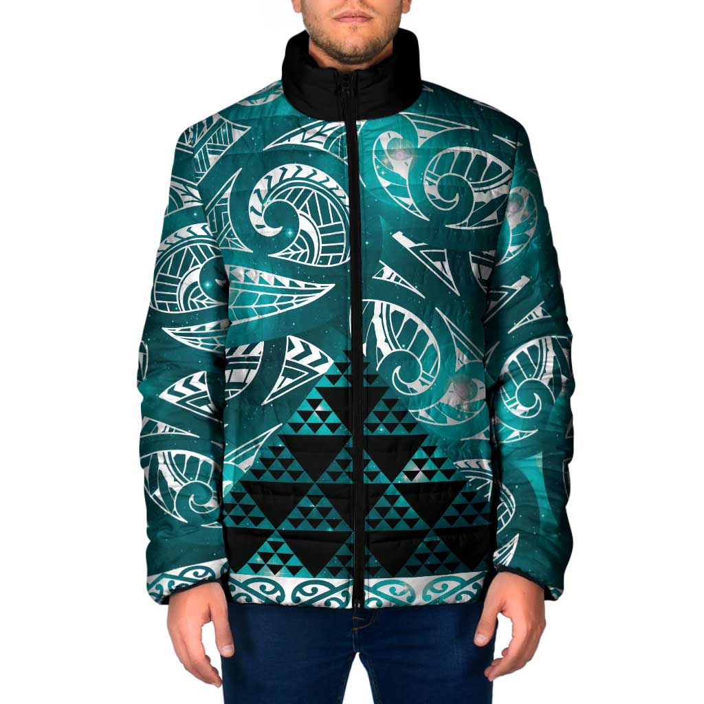 Matariki New Zealand Padded Jacket NZ Niho Taniwha Maori New Year Cyan Galaxy LT14 Men Cyan - Polynesian Pride