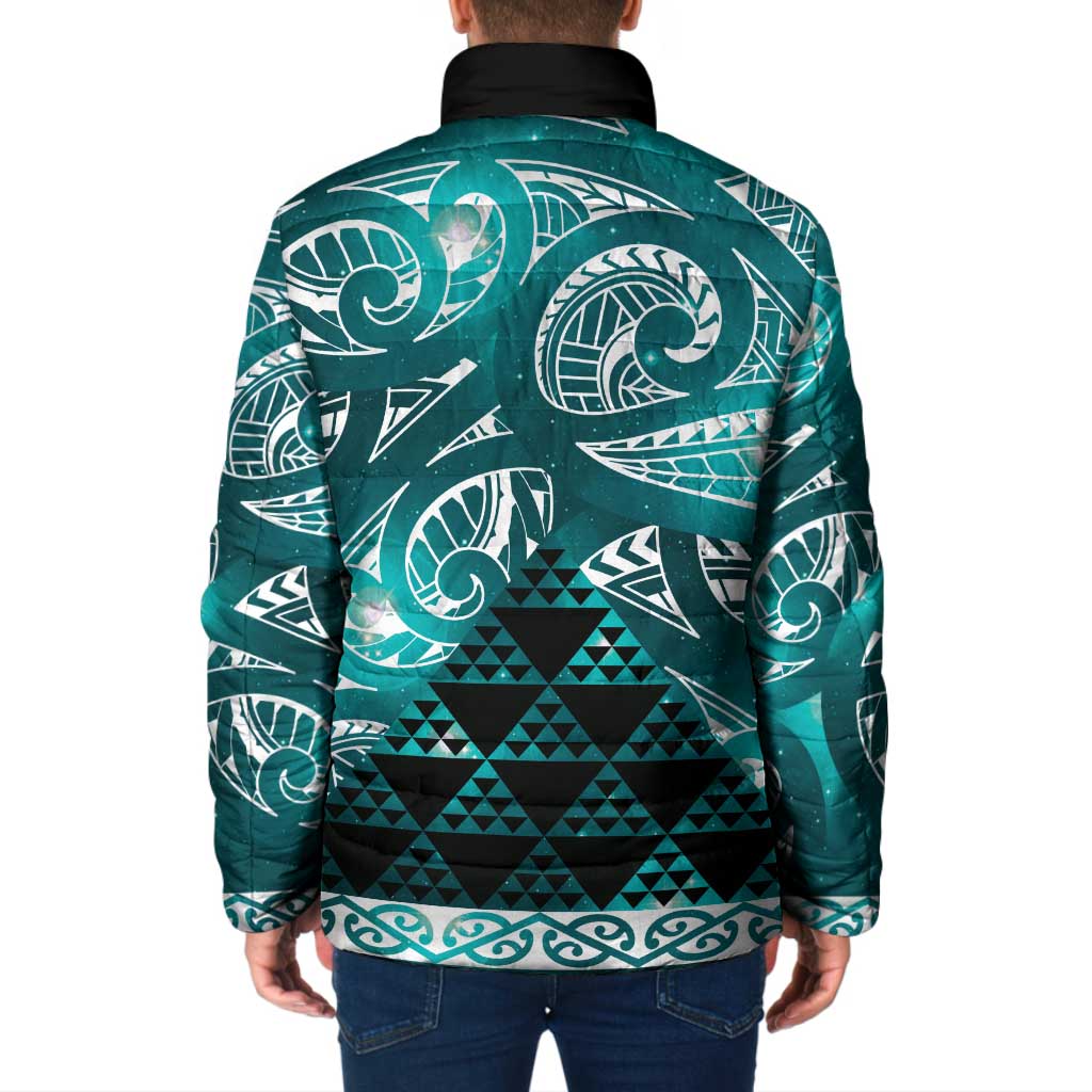 Matariki New Zealand Padded Jacket NZ Niho Taniwha Maori New Year Cyan Galaxy LT14 - Polynesian Pride