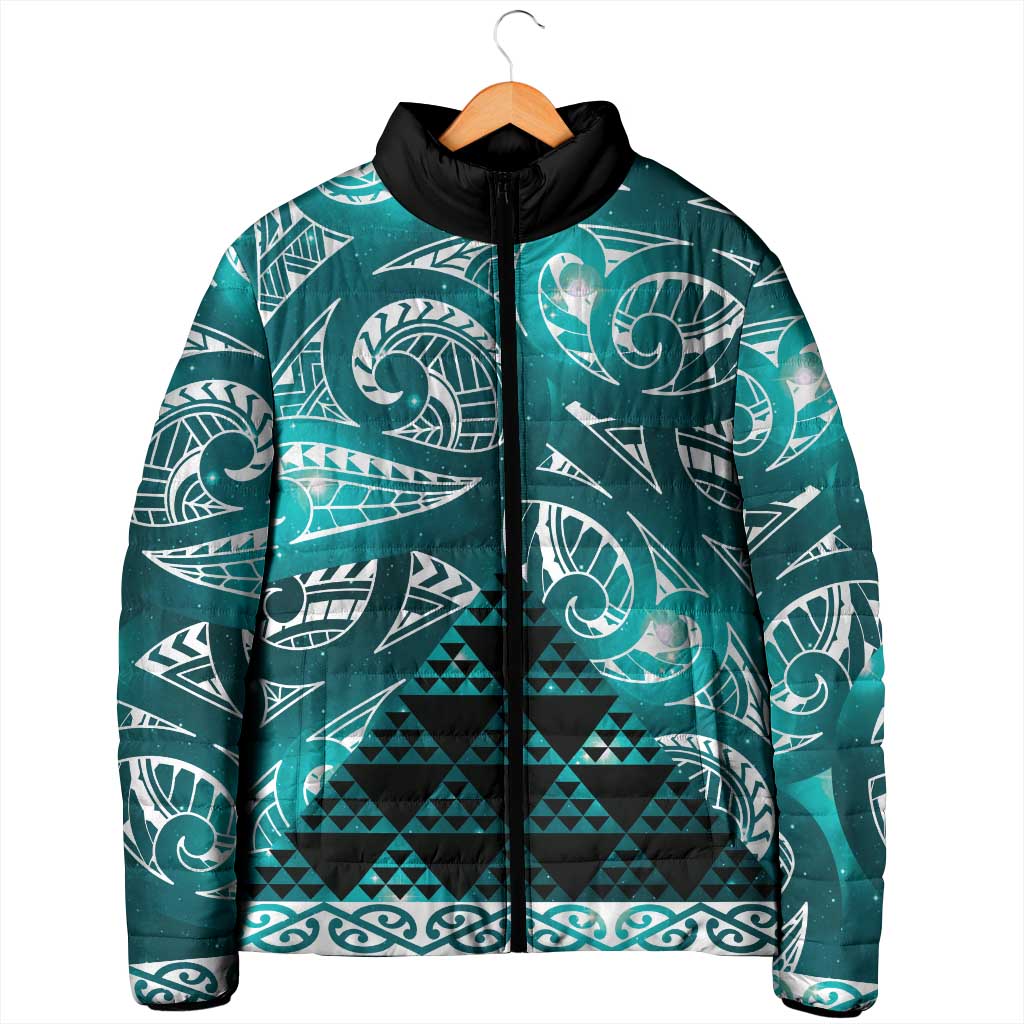 Matariki New Zealand Padded Jacket NZ Niho Taniwha Maori New Year Cyan Galaxy LT14 - Polynesian Pride