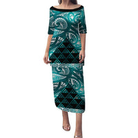 Matariki New Zealand Puletasi NZ Niho Taniwha Maori New Year Cyan Galaxy LT14 Long Dress Cyan - Polynesian Pride