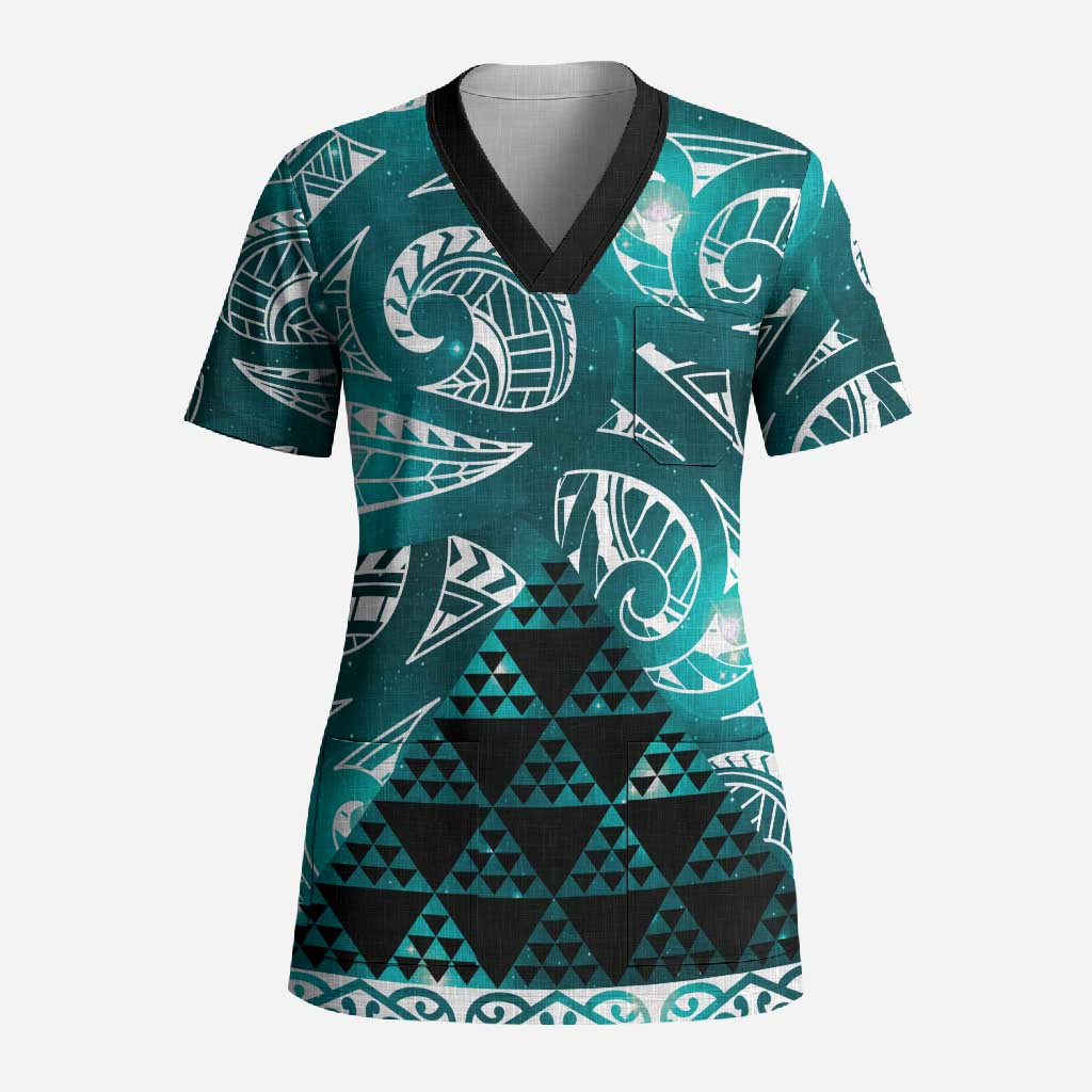 Matariki New Zealand Scrub Top NZ Niho Taniwha Maori New Year Cyan Galaxy