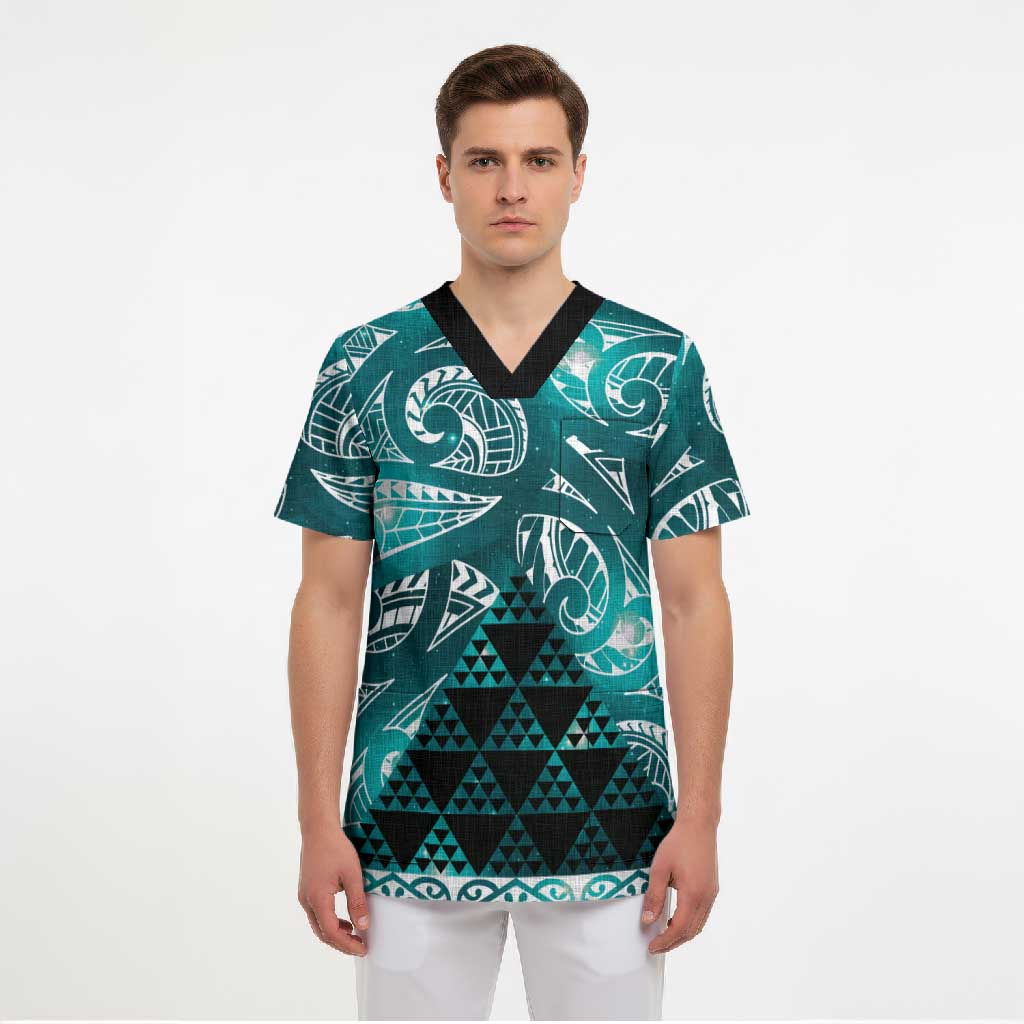 Matariki New Zealand Scrub Top NZ Niho Taniwha Maori New Year Cyan Galaxy LT14 - Polynesian Pride
