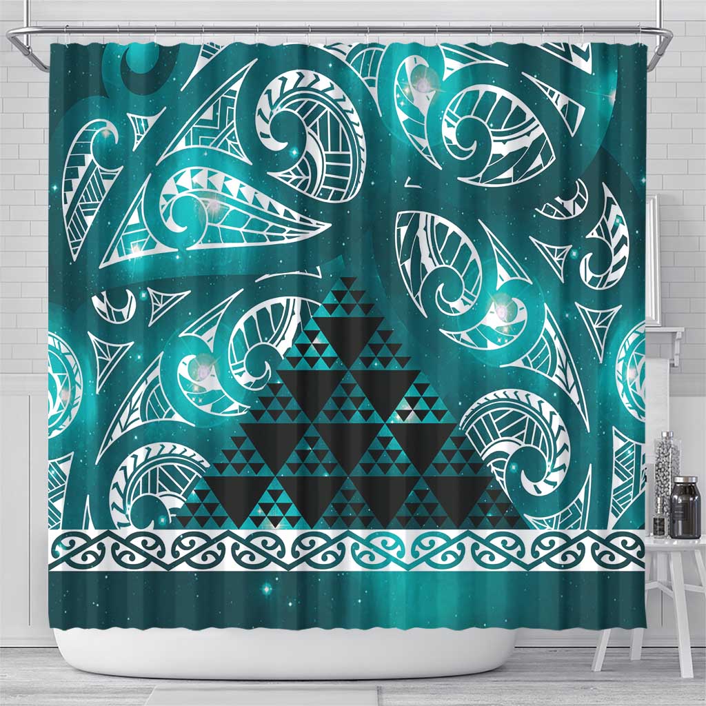 Matariki New Zealand Shower Curtain NZ Niho Taniwha Maori New Year Cyan Galaxy LT14 - Polynesian Pride
