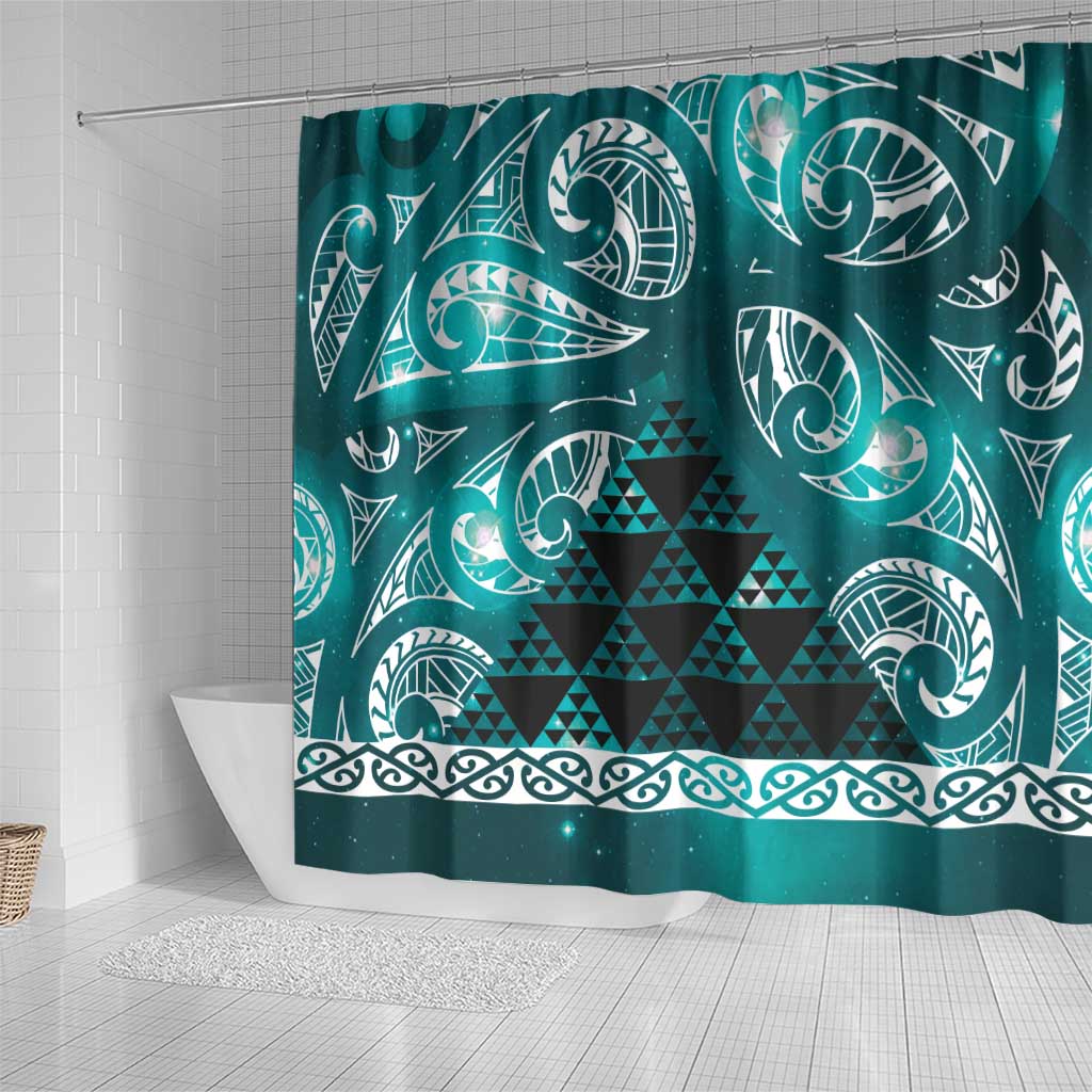 Matariki New Zealand Shower Curtain NZ Niho Taniwha Maori New Year Cyan Galaxy LT14 - Polynesian Pride