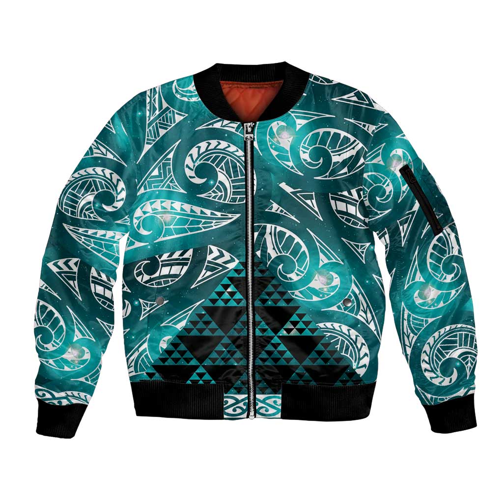 Matariki New Zealand Sleeve Zip Bomber Jacket NZ Niho Taniwha Maori New Year Cyan Galaxy LT14 Unisex Cyan - Polynesian Pride