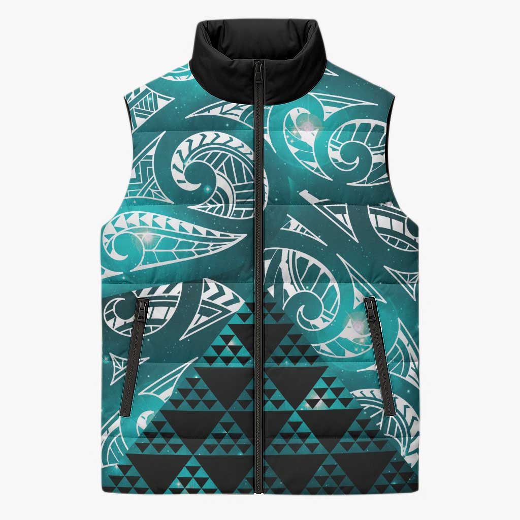Matariki New Zealand Sleeveless Puffer Jacket NZ Niho Taniwha Maori New Year Cyan Galaxy LT14 Unisex Cyan - Polynesian Pride