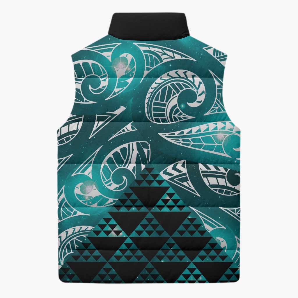 Matariki New Zealand Sleeveless Puffer Jacket NZ Niho Taniwha Maori New Year Cyan Galaxy LT14 - Polynesian Pride