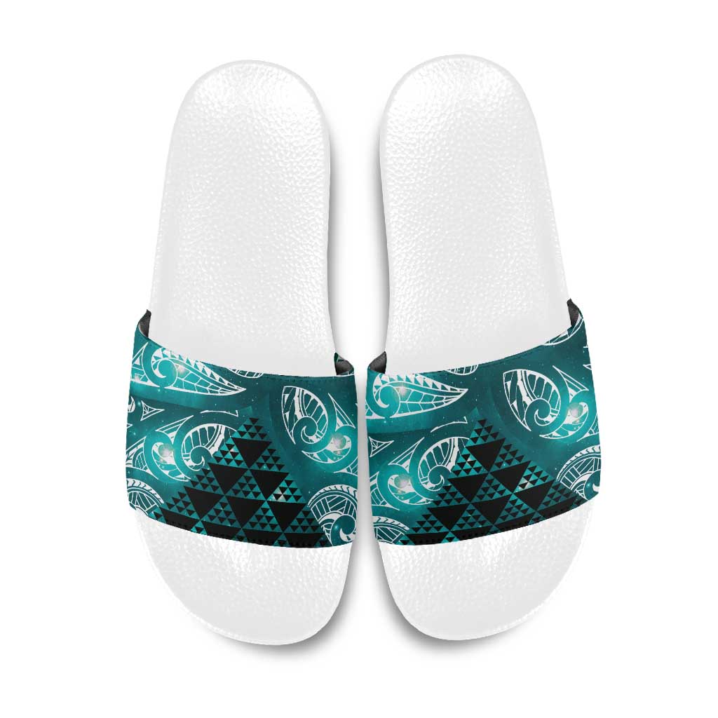 Matariki New Zealand Slide Sandals NZ Niho Taniwha Maori New Year Cyan Galaxy LT14 Cyan - Polynesian Pride