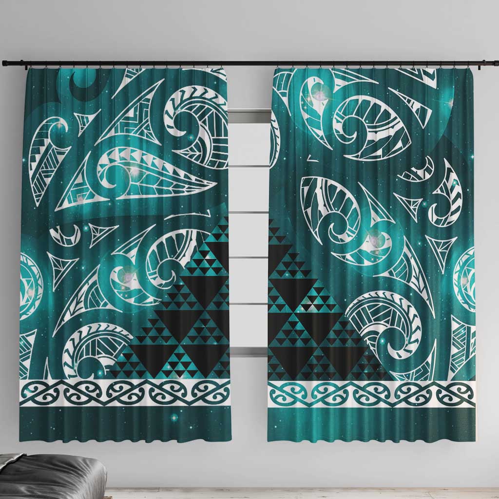 Matariki New Zealand Window Curtain NZ Niho Taniwha Maori New Year Cyan Galaxy LT14 With Hooks Cyan - Polynesian Pride