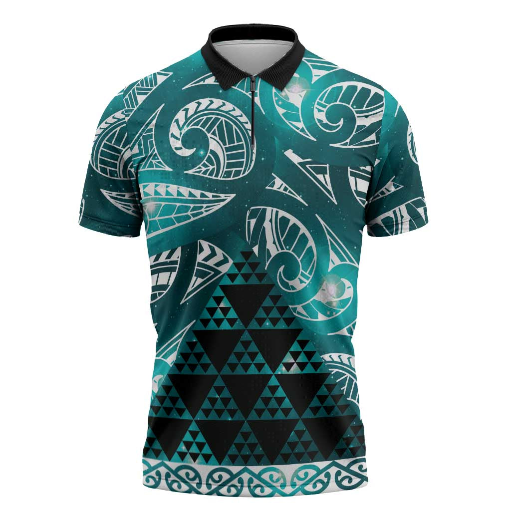 Matariki New Zealand Zipper Polo Shirt NZ Niho Taniwha Maori New Year Cyan Galaxy