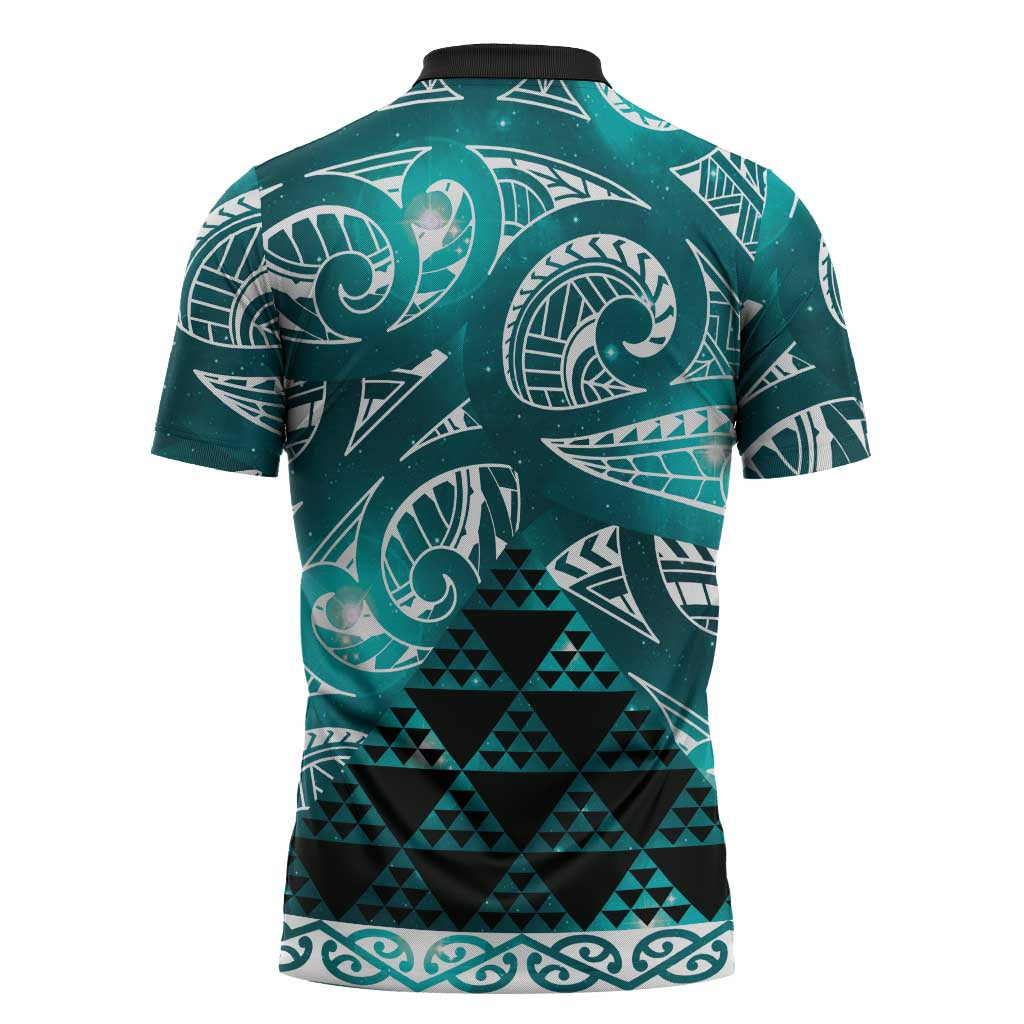 Matariki New Zealand Zipper Polo Shirt NZ Niho Taniwha Maori New Year Cyan Galaxy
