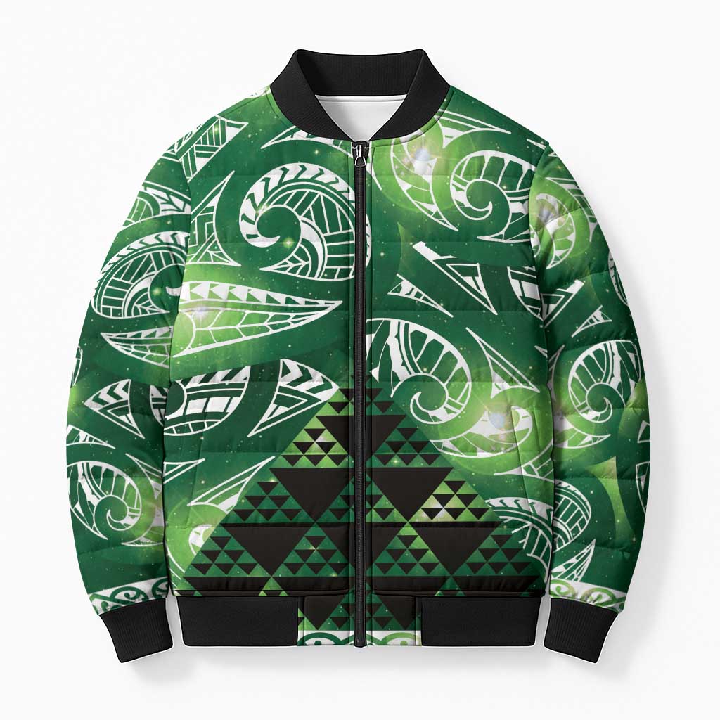 Matariki New Zealand Bomber Puffer Jacket NZ Niho Taniwha Maori New Year Green Galaxy