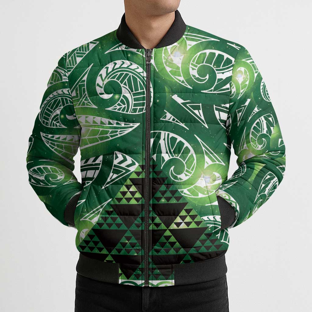 Matariki New Zealand Bomber Puffer Jacket NZ Niho Taniwha Maori New Year Green Galaxy LT14 - Polynesian Pride