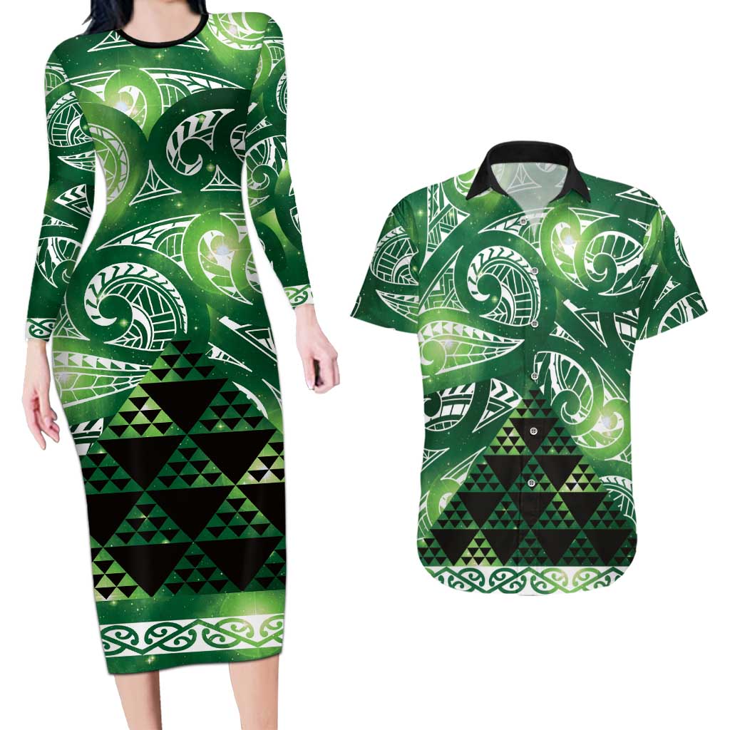 Matariki New Zealand Couples Matching Long Sleeve Bodycon Dress and Hawaiian Shirt NZ Niho Taniwha Maori New Year Green Galaxy