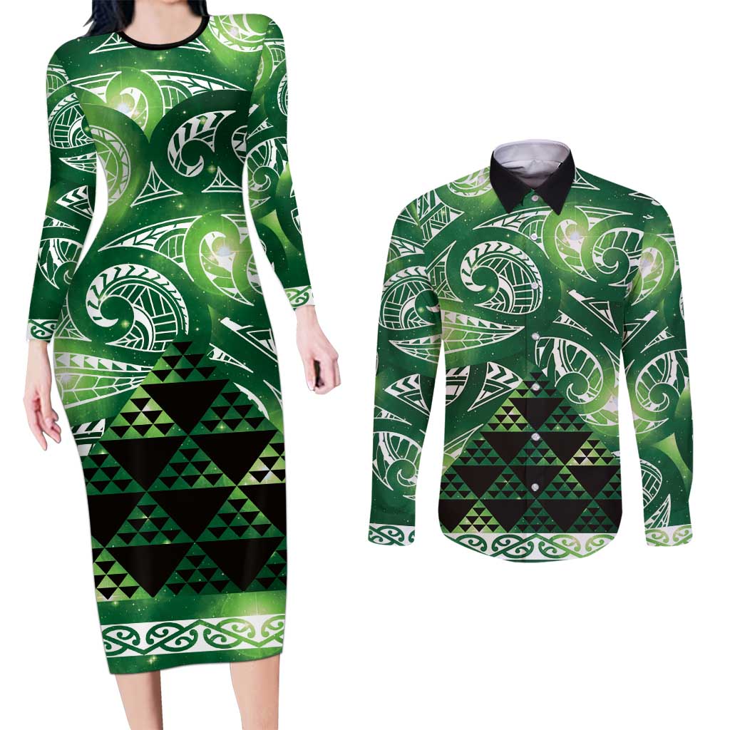 Matariki New Zealand Couples Matching Long Sleeve Bodycon Dress and Long Sleeve Button Shirt NZ Niho Taniwha Maori New Year Green Galaxy