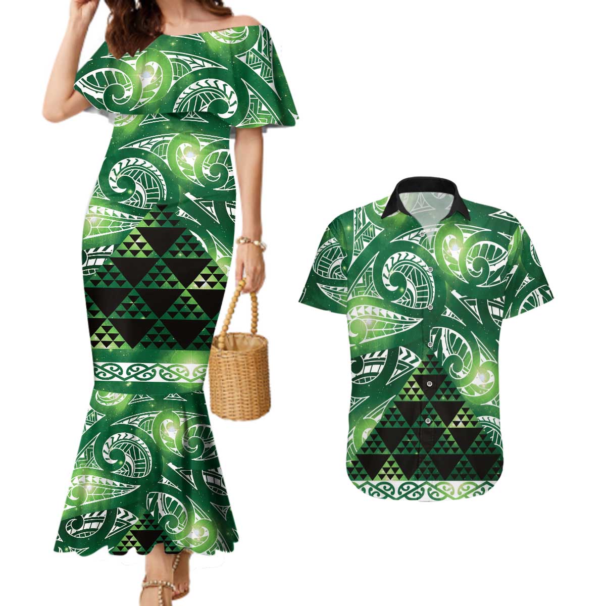 Matariki New Zealand Couples Matching Mermaid Dress and Hawaiian Shirt NZ Niho Taniwha Maori New Year Green Galaxy