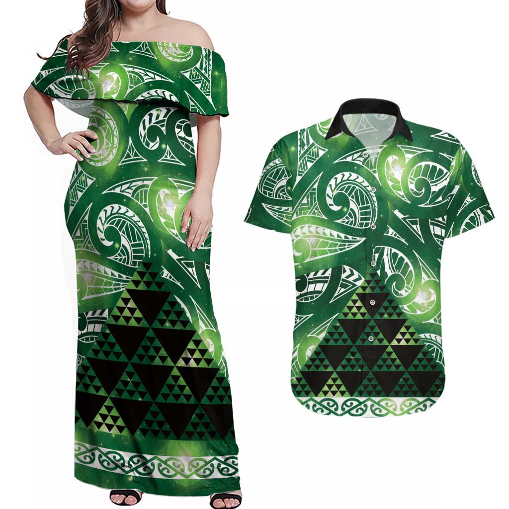 Matariki New Zealand Couples Matching Off Shoulder Maxi Dress and Hawaiian Shirt NZ Niho Taniwha Maori New Year Green Galaxy