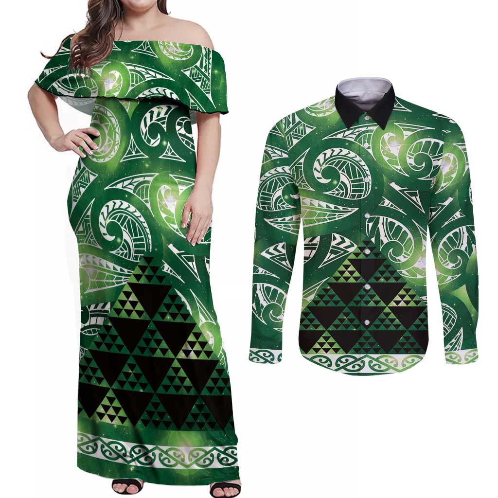 Matariki New Zealand Couples Matching Off Shoulder Maxi Dress and Long Sleeve Button Shirt NZ Niho Taniwha Maori New Year Green Galaxy
