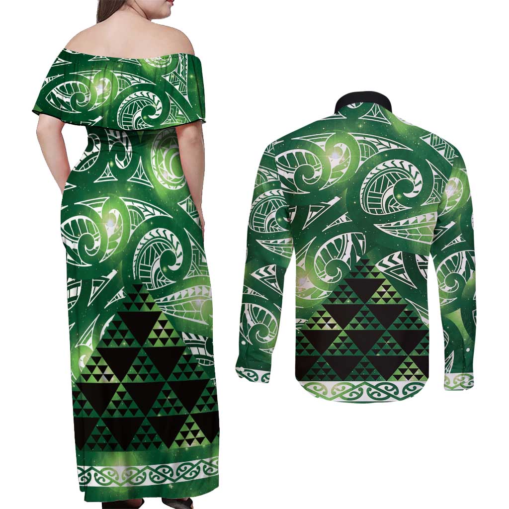 Matariki New Zealand Couples Matching Off Shoulder Maxi Dress and Long Sleeve Button Shirt NZ Niho Taniwha Maori New Year Green Galaxy
