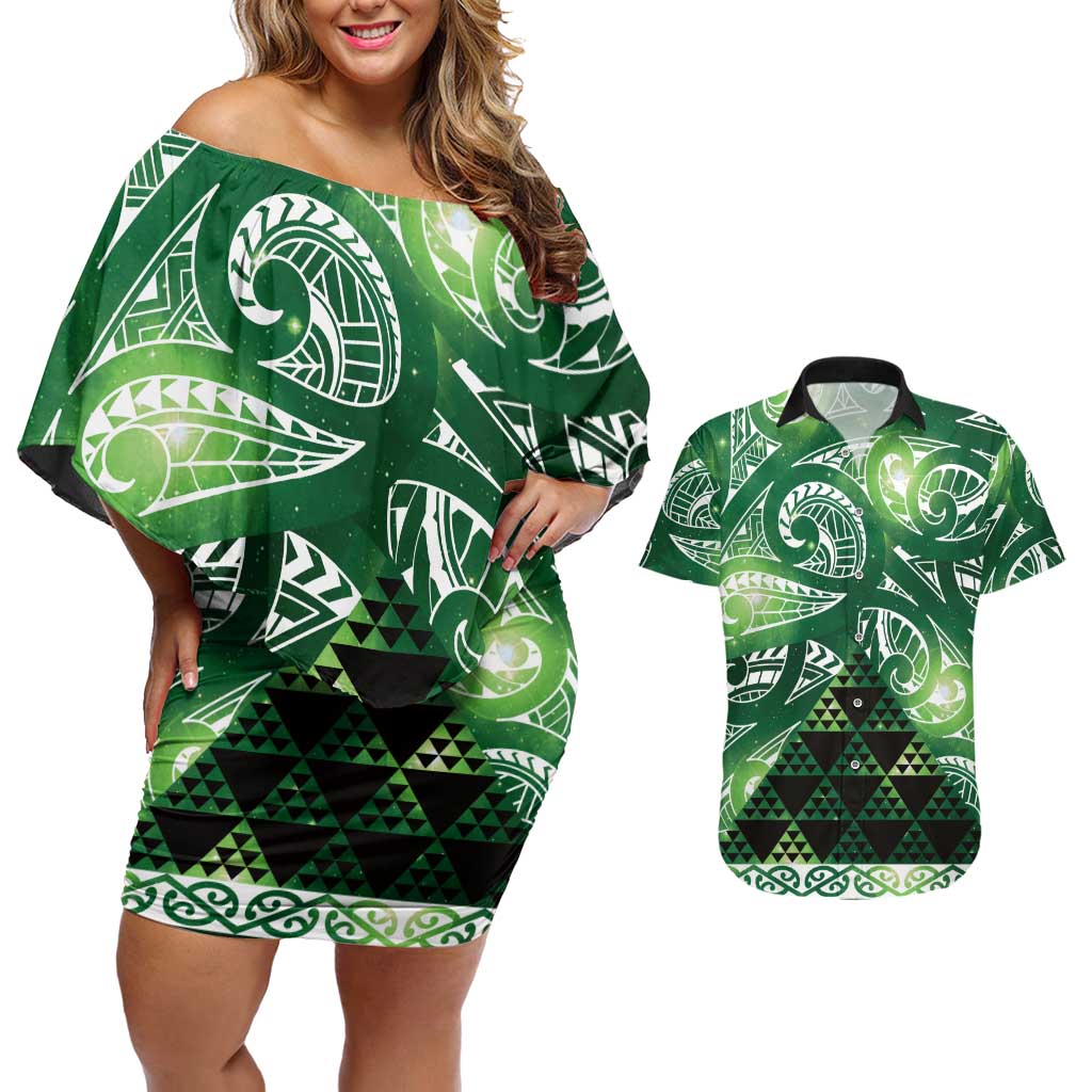 Matariki New Zealand Couples Matching Off Shoulder Short Dress and Hawaiian Shirt NZ Niho Taniwha Maori New Year Green Galaxy