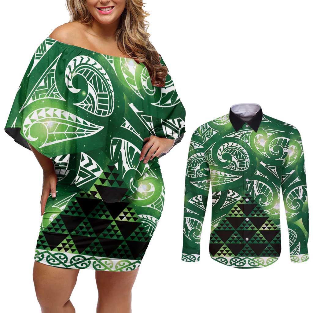 Matariki New Zealand Couples Matching Off Shoulder Short Dress and Long Sleeve Button Shirt NZ Niho Taniwha Maori New Year Green Galaxy