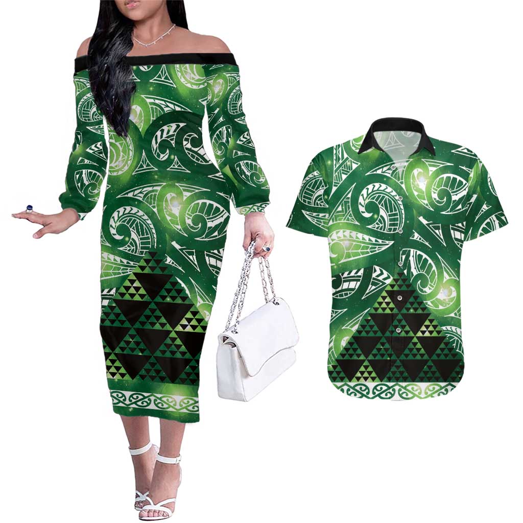 Matariki New Zealand Couples Matching Off The Shoulder Long Sleeve Dress and Hawaiian Shirt NZ Niho Taniwha Maori New Year Green Galaxy