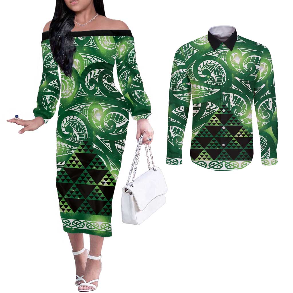Matariki New Zealand Couples Matching Off The Shoulder Long Sleeve Dress and Long Sleeve Button Shirt NZ Niho Taniwha Maori New Year Green Galaxy