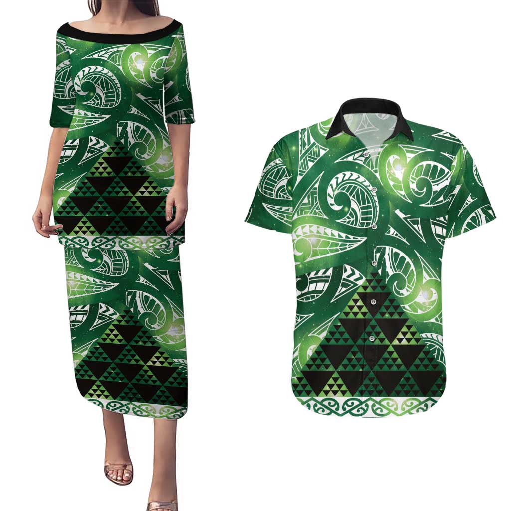 Matariki New Zealand Couples Matching Puletasi and Hawaiian Shirt NZ Niho Taniwha Maori New Year Green Galaxy