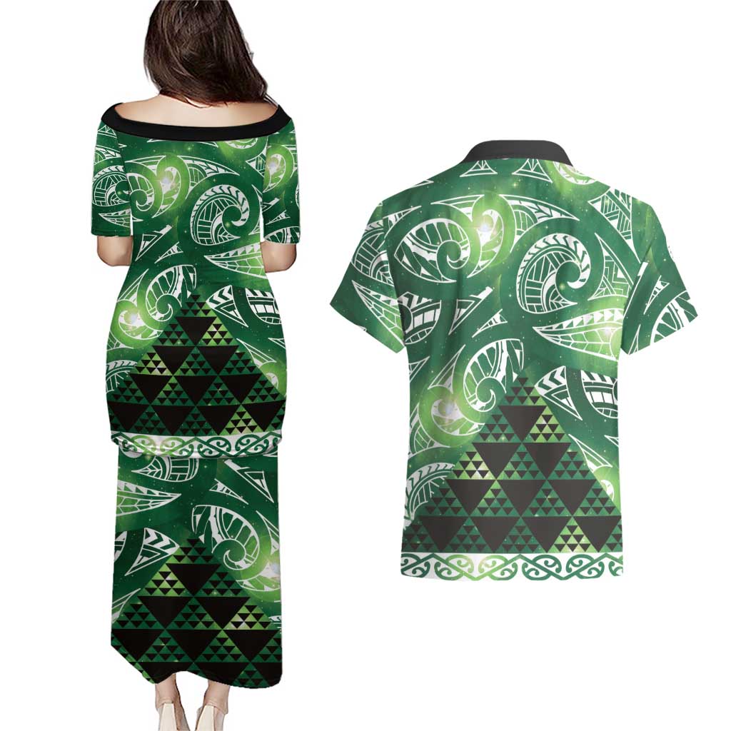 Matariki New Zealand Couples Matching Puletasi and Hawaiian Shirt NZ Niho Taniwha Maori New Year Green Galaxy