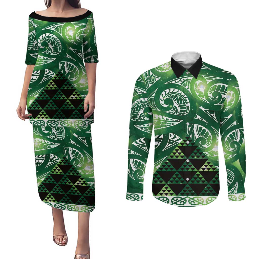 Matariki New Zealand Couples Matching Puletasi and Long Sleeve Button Shirt NZ Niho Taniwha Maori New Year Green Galaxy