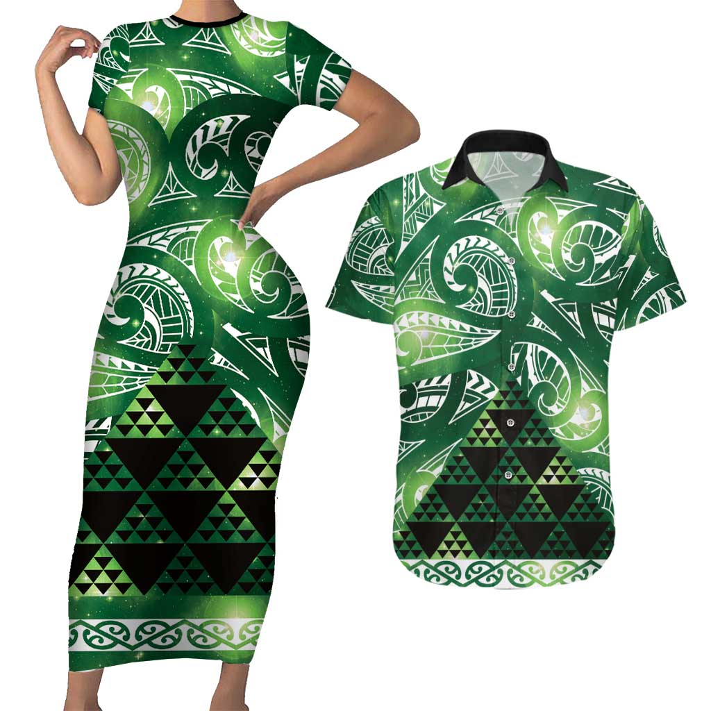 Matariki New Zealand Couples Matching Short Sleeve Bodycon Dress and Hawaiian Shirt NZ Niho Taniwha Maori New Year Green Galaxy