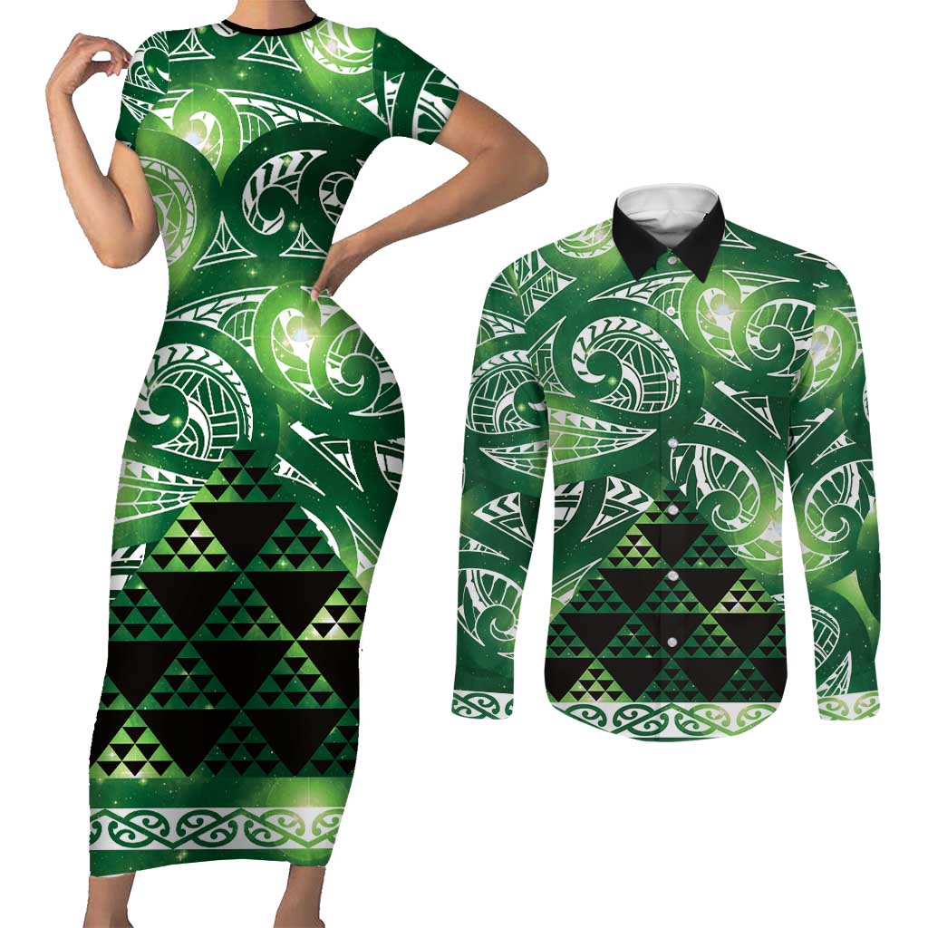Matariki New Zealand Couples Matching Short Sleeve Bodycon Dress and Long Sleeve Button Shirt NZ Niho Taniwha Maori New Year Green Galaxy