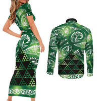 Matariki New Zealand Couples Matching Short Sleeve Bodycon Dress and Long Sleeve Button Shirt NZ Niho Taniwha Maori New Year Green Galaxy