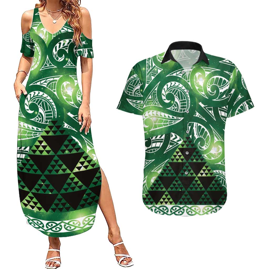 Matariki New Zealand Couples Matching Summer Maxi Dress and Hawaiian Shirt NZ Niho Taniwha Maori New Year Green Galaxy