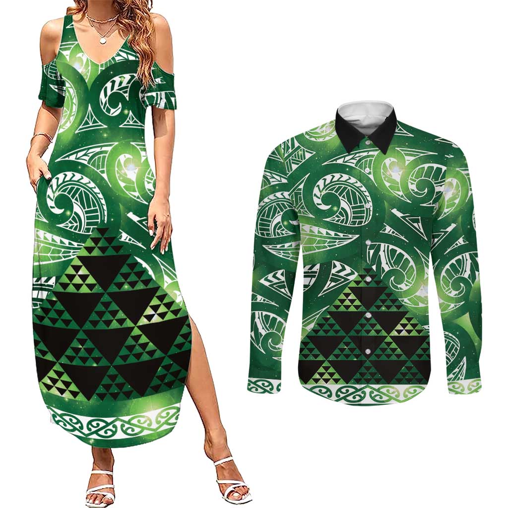 Matariki New Zealand Couples Matching Summer Maxi Dress and Long Sleeve Button Shirt NZ Niho Taniwha Maori New Year Green Galaxy