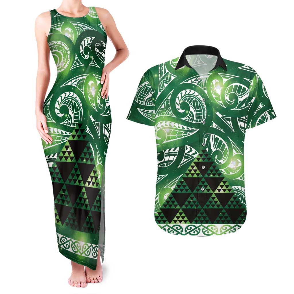 Matariki New Zealand Couples Matching Tank Maxi Dress and Hawaiian Shirt NZ Niho Taniwha Maori New Year Green Galaxy