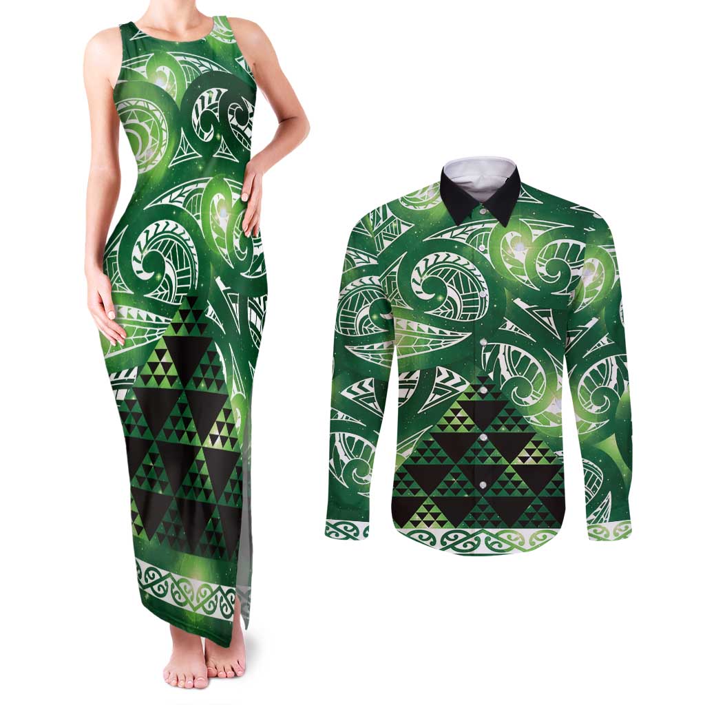 Matariki New Zealand Couples Matching Tank Maxi Dress and Long Sleeve Button Shirt NZ Niho Taniwha Maori New Year Green Galaxy
