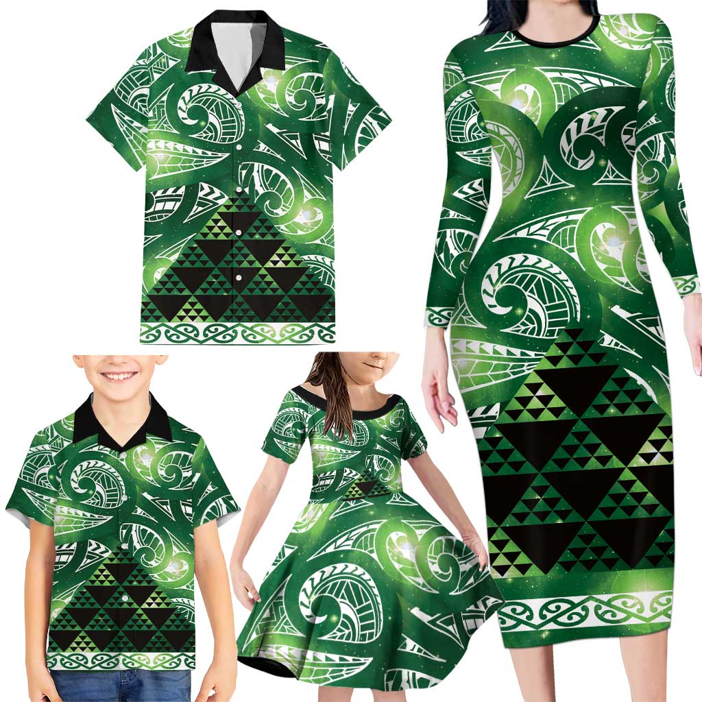Matariki New Zealand Family Matching Long Sleeve Bodycon Dress and Hawaiian Shirt NZ Niho Taniwha Maori New Year Green Galaxy
