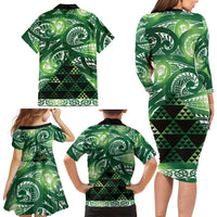 Matariki New Zealand Family Matching Long Sleeve Bodycon Dress and Hawaiian Shirt NZ Niho Taniwha Maori New Year Green Galaxy