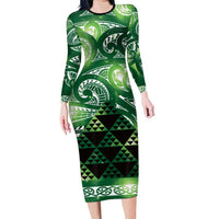 Matariki New Zealand Family Matching Long Sleeve Bodycon Dress and Hawaiian Shirt NZ Niho Taniwha Maori New Year Green Galaxy