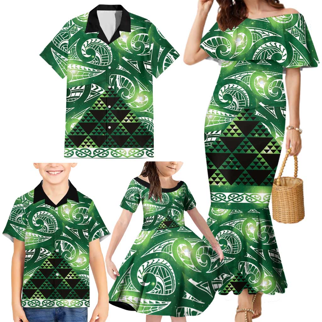 Matariki New Zealand Family Matching Mermaid Dress and Hawaiian Shirt NZ Niho Taniwha Maori New Year Green Galaxy
