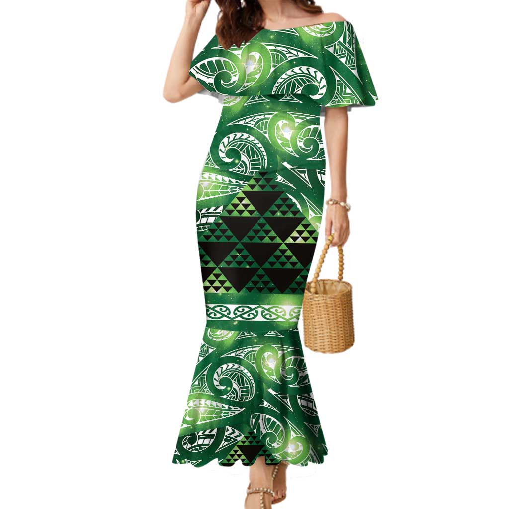 Matariki New Zealand Family Matching Mermaid Dress and Hawaiian Shirt NZ Niho Taniwha Maori New Year Green Galaxy
