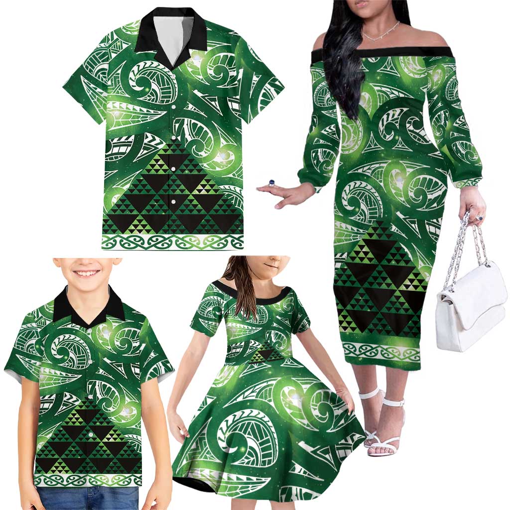 Matariki New Zealand Family Matching Off The Shoulder Long Sleeve Dress and Hawaiian Shirt NZ Niho Taniwha Maori New Year Green Galaxy