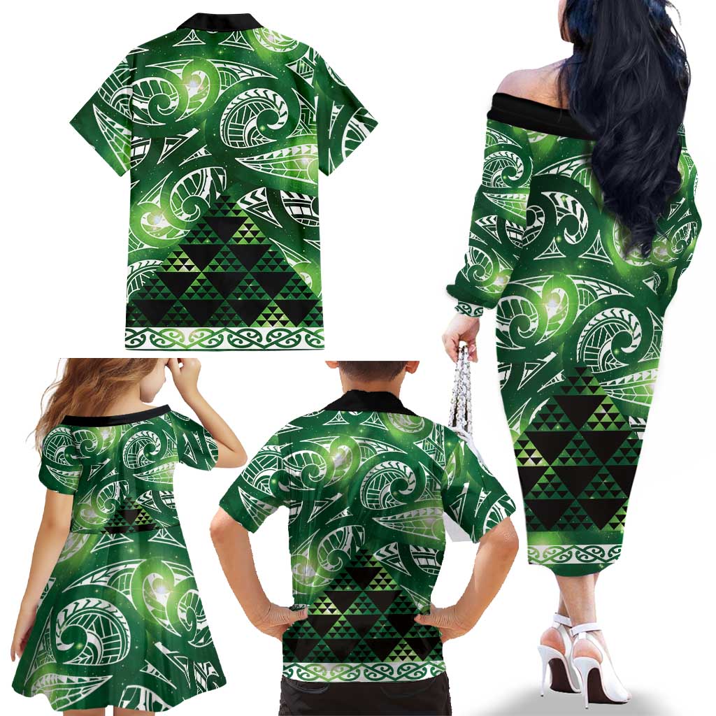 Matariki New Zealand Family Matching Off The Shoulder Long Sleeve Dress and Hawaiian Shirt NZ Niho Taniwha Maori New Year Green Galaxy