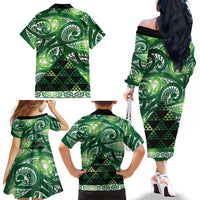 Matariki New Zealand Family Matching Off The Shoulder Long Sleeve Dress and Hawaiian Shirt NZ Niho Taniwha Maori New Year Green Galaxy
