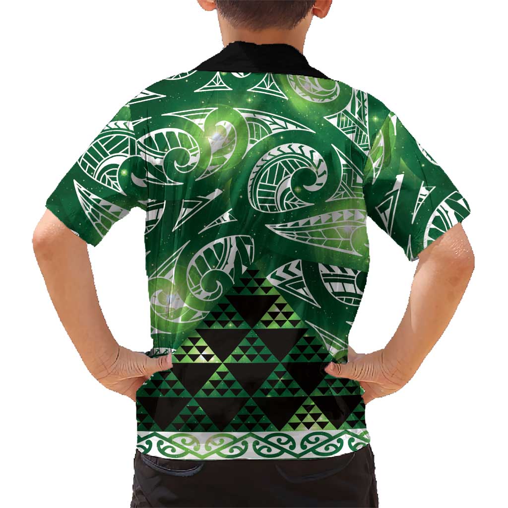 Matariki New Zealand Family Matching Off Shoulder Maxi Dress and Hawaiian Shirt NZ Niho Taniwha Maori New Year Green Galaxy