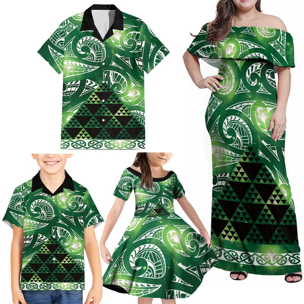 Matariki New Zealand Family Matching Off Shoulder Maxi Dress and Hawaiian Shirt NZ Niho Taniwha Maori New Year Green Galaxy