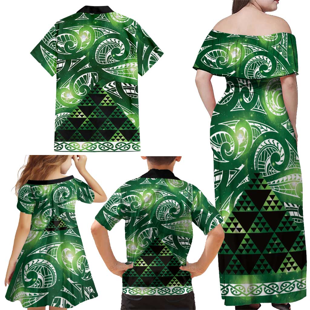 Matariki New Zealand Family Matching Off Shoulder Maxi Dress and Hawaiian Shirt NZ Niho Taniwha Maori New Year Green Galaxy