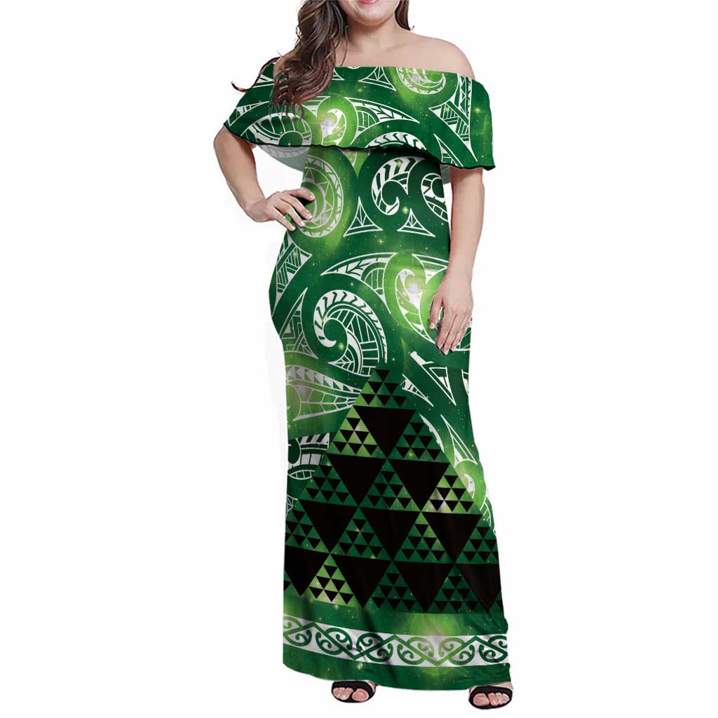 Matariki New Zealand Family Matching Off Shoulder Maxi Dress and Hawaiian Shirt NZ Niho Taniwha Maori New Year Green Galaxy